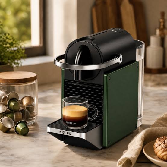Machine compacte verte dans une cuisine ensoleillée